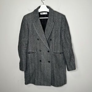 Zara Grey Black Herringbone Double Breasted Pea Coat Jacket